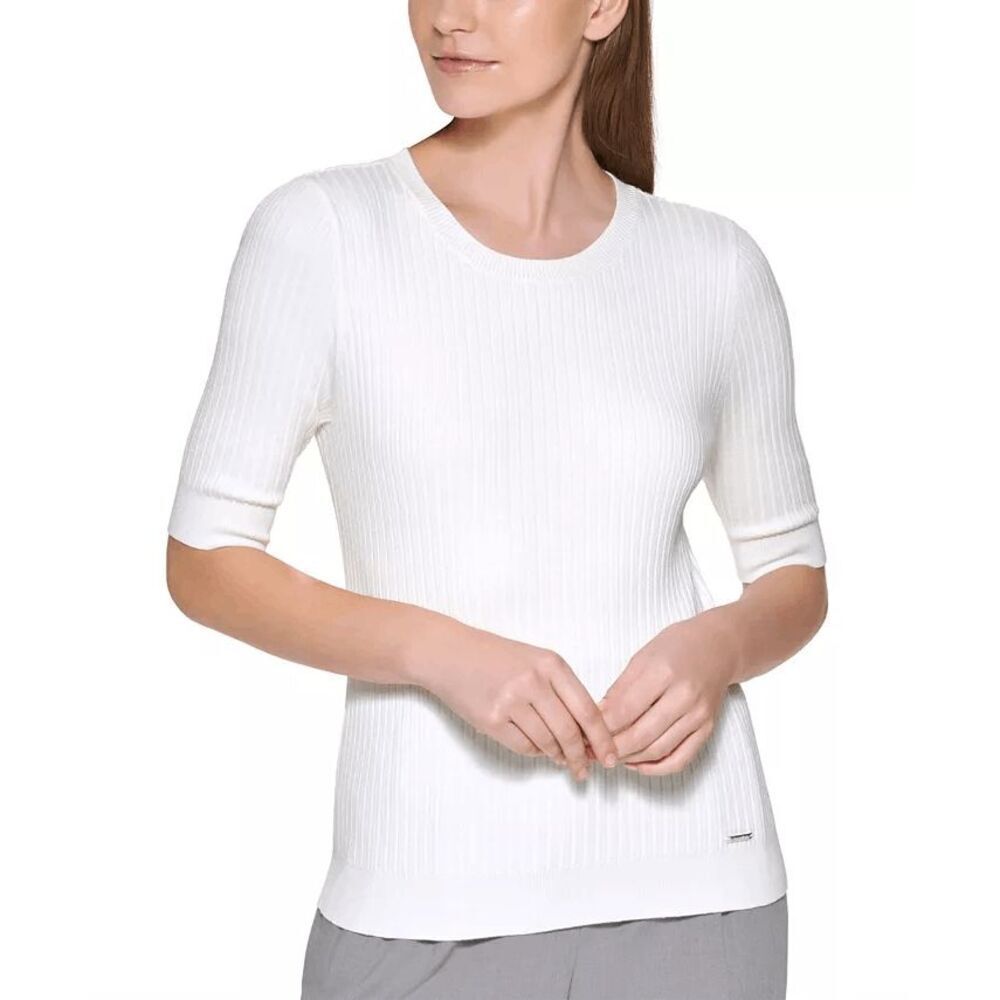 Calvin Klein Women's Petite Elbow Sleeve Ribbed Top - Cream PS
